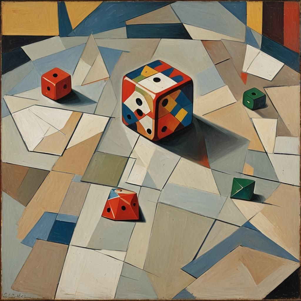 A dice painted in the style of Cubism.