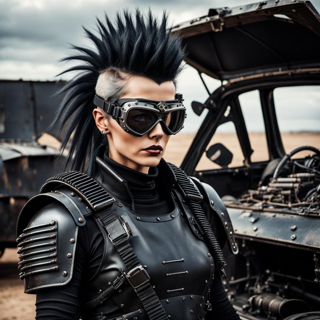 Post-Apocalyptic Road Warrior Woman with Retro-Tech Car