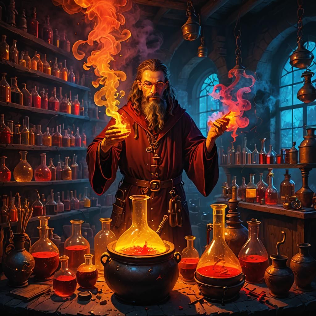 Alchemist Wizard in Ancient Laboratory with Neon Lights