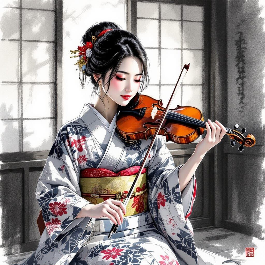 Japanese Woman with Violin in Charcoal Drawing Style