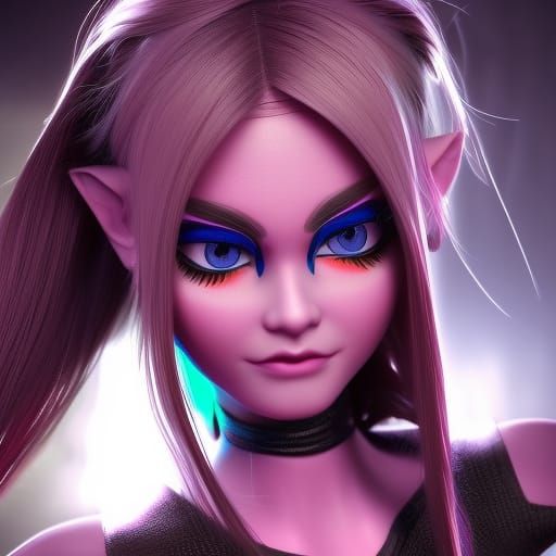 Elven Woman with Neon Magic in a Dark City