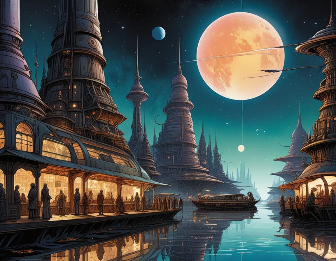 Ethereal Sci-Fi Marketplace Under Twin Suns in Moebius Style