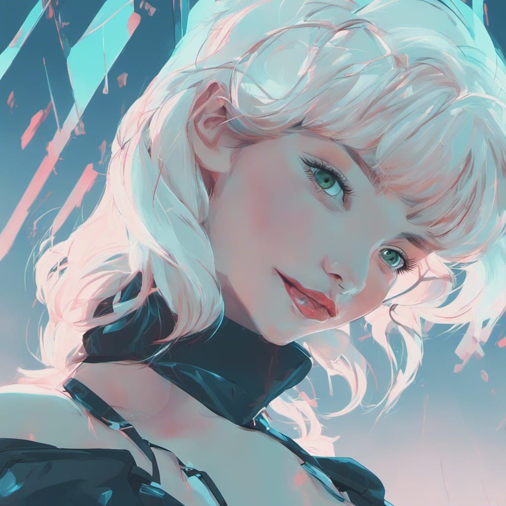 Anime Girl with Neon Lights and Golden Filigree