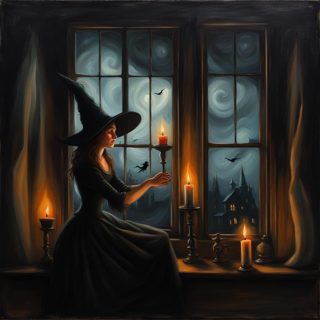 Creepy Victorian Witch Flying Past Window
