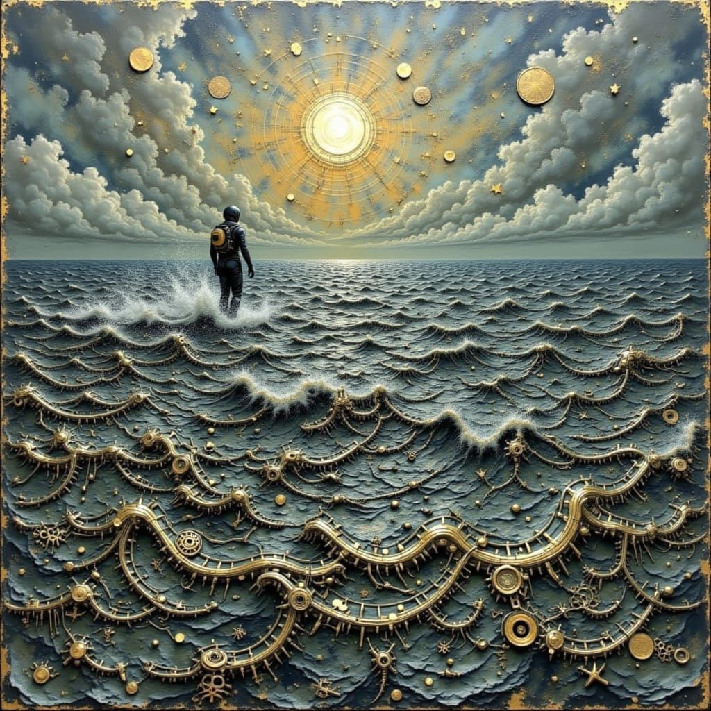 Turbulent Ocean Scene in Neo-Impressionist Style