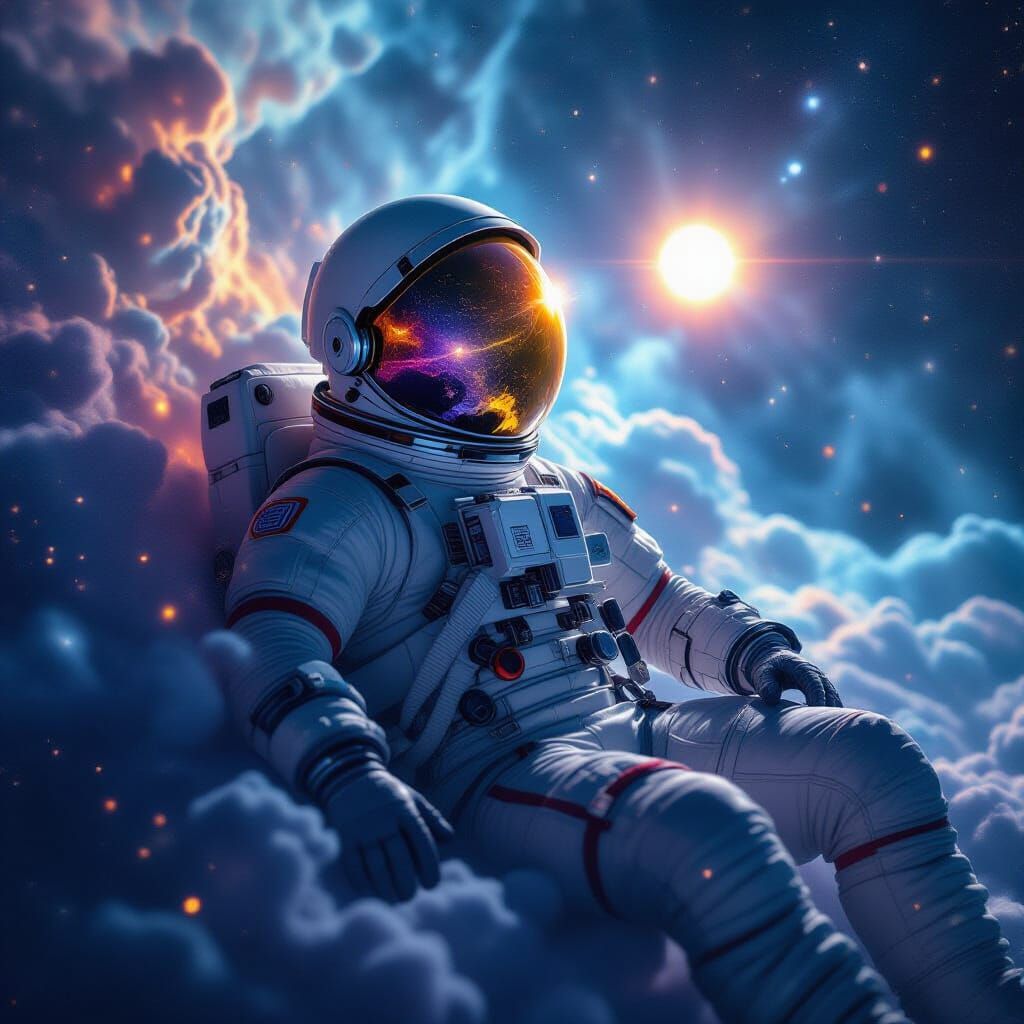 Astronaut Adrift in Cosmic Nebula with Alien Sun Reflection