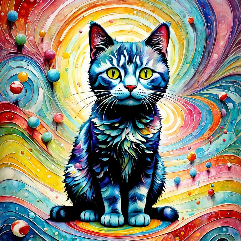 Whimsical Cat in Candyland Encaustic Painting