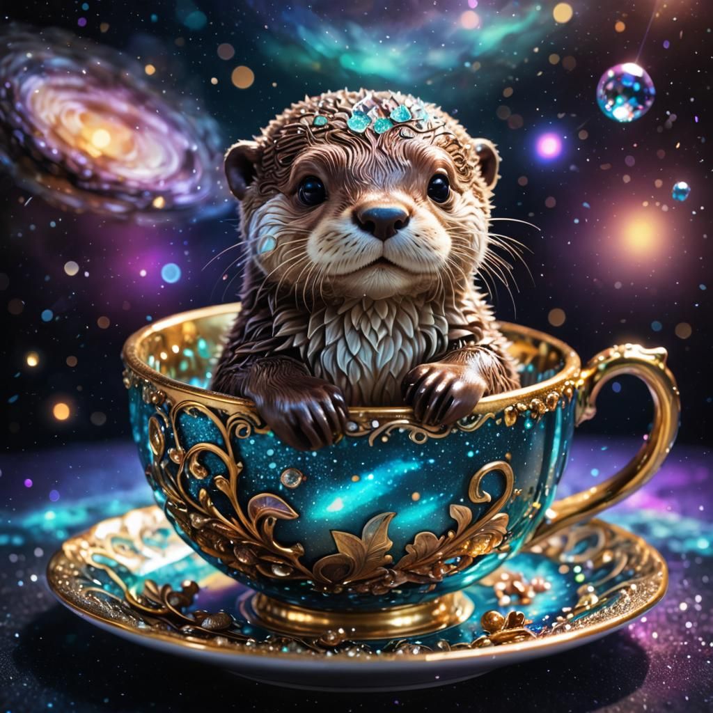 Cute Chibi Otter in Teacup, Magical Fantasy Art