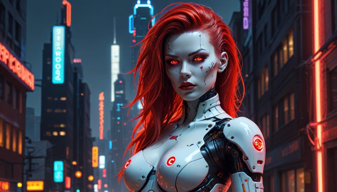 Cyberpunk Gynoid Pinup in Neon Cityscape