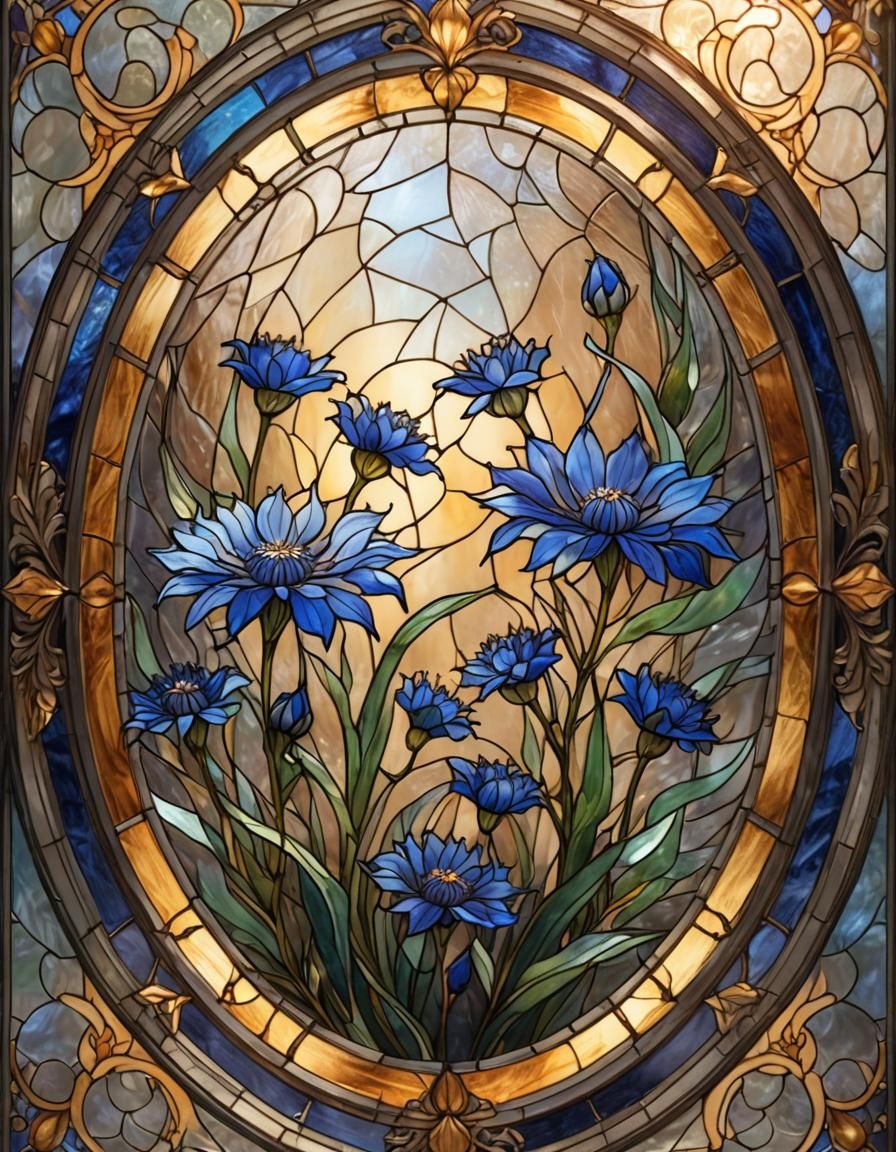 Ethereal Stained Glass Cornflower in Oval Frame
