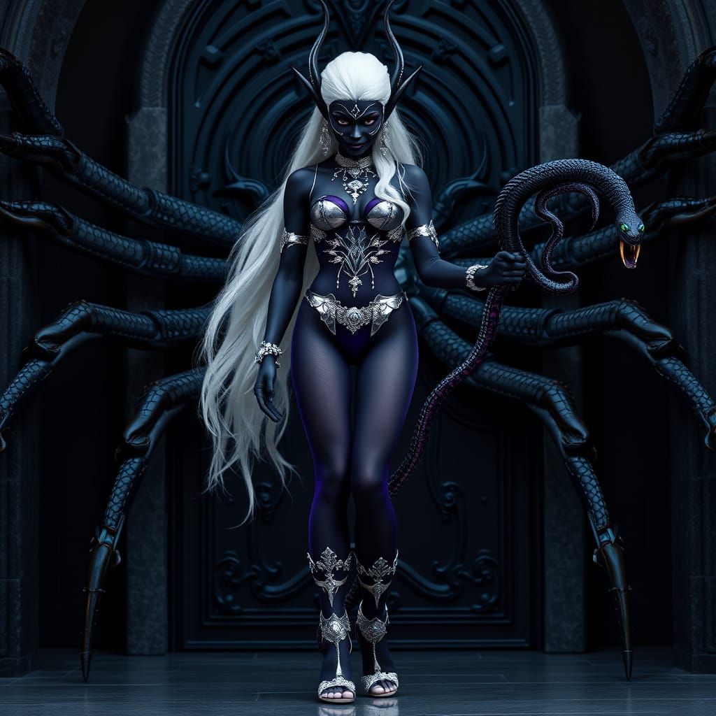 Dark Elf Priestess with Snake Whip, in Dark Fantasy Style