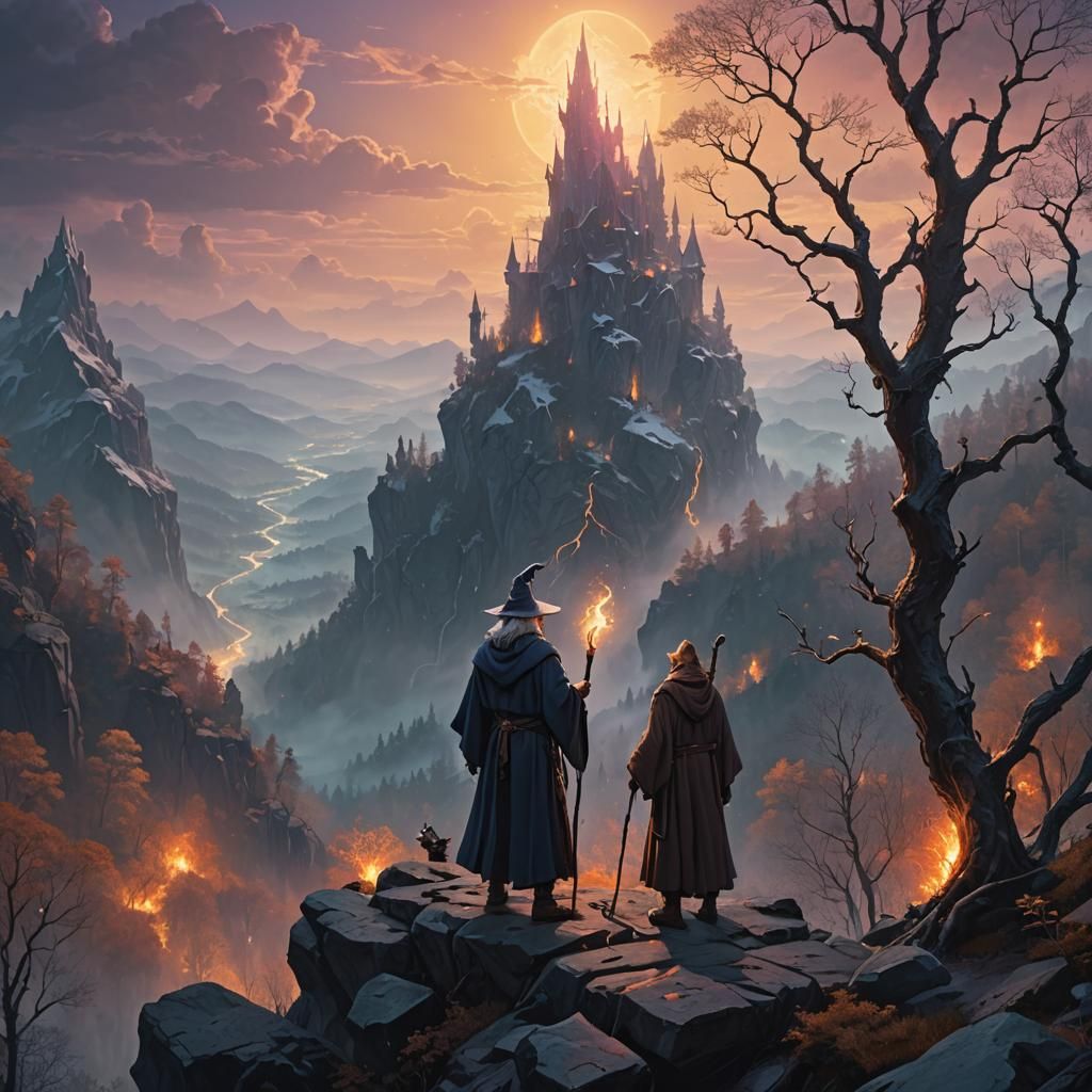 Wizard Overlooking Mystical Forest at Twilight