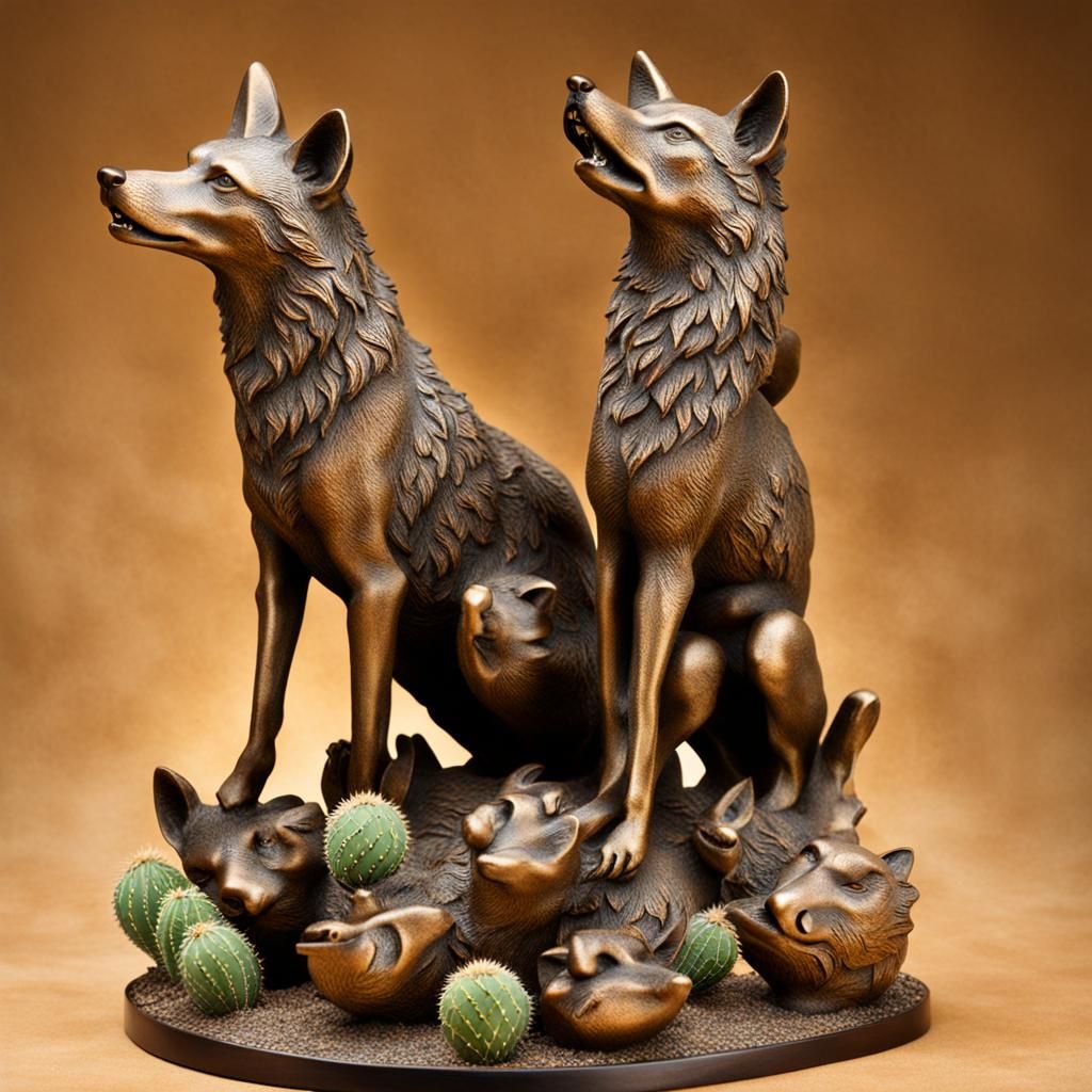 Bronze Coyotes Howling Around a Cactus
