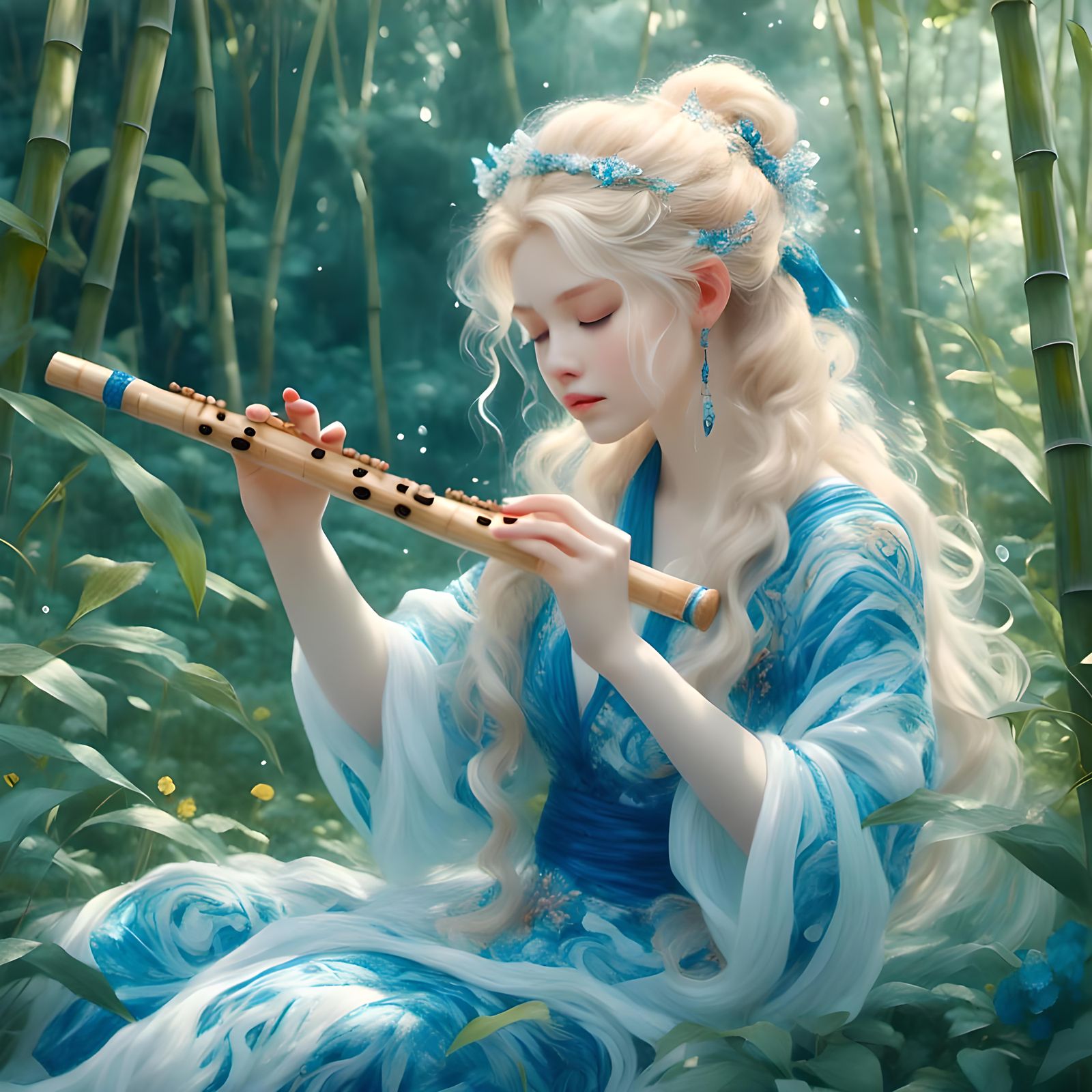 Woman Plays Flute in Crystal Clear Garden