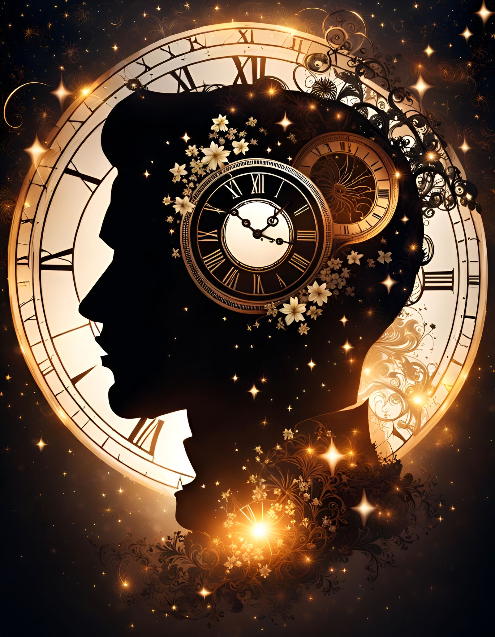 Silhouette with Clock and Stars Double Exposure