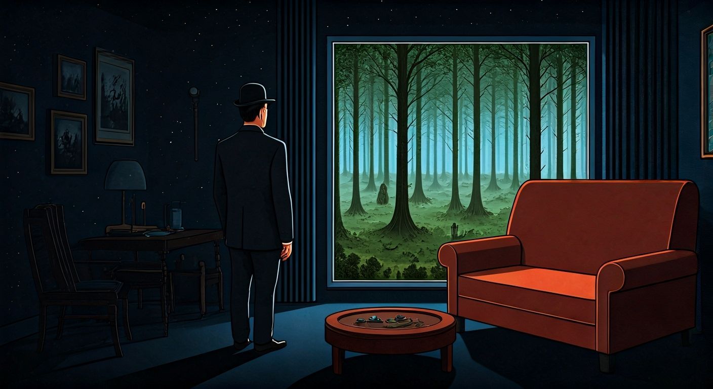 Man Gazes at Cosmic Living Room & Surreal Forest