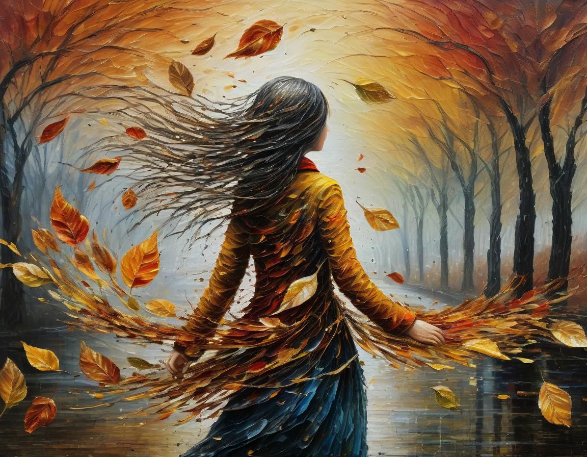 Autumn Leaf Woman in Wind: Expressionistic Digital Art