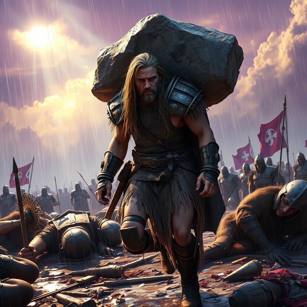 War-Torn Warrior Trudges Through Battle's Aftermath, Adorned...