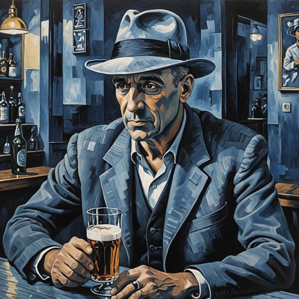 Blue Monochrome Man at Bar, Picasso Style