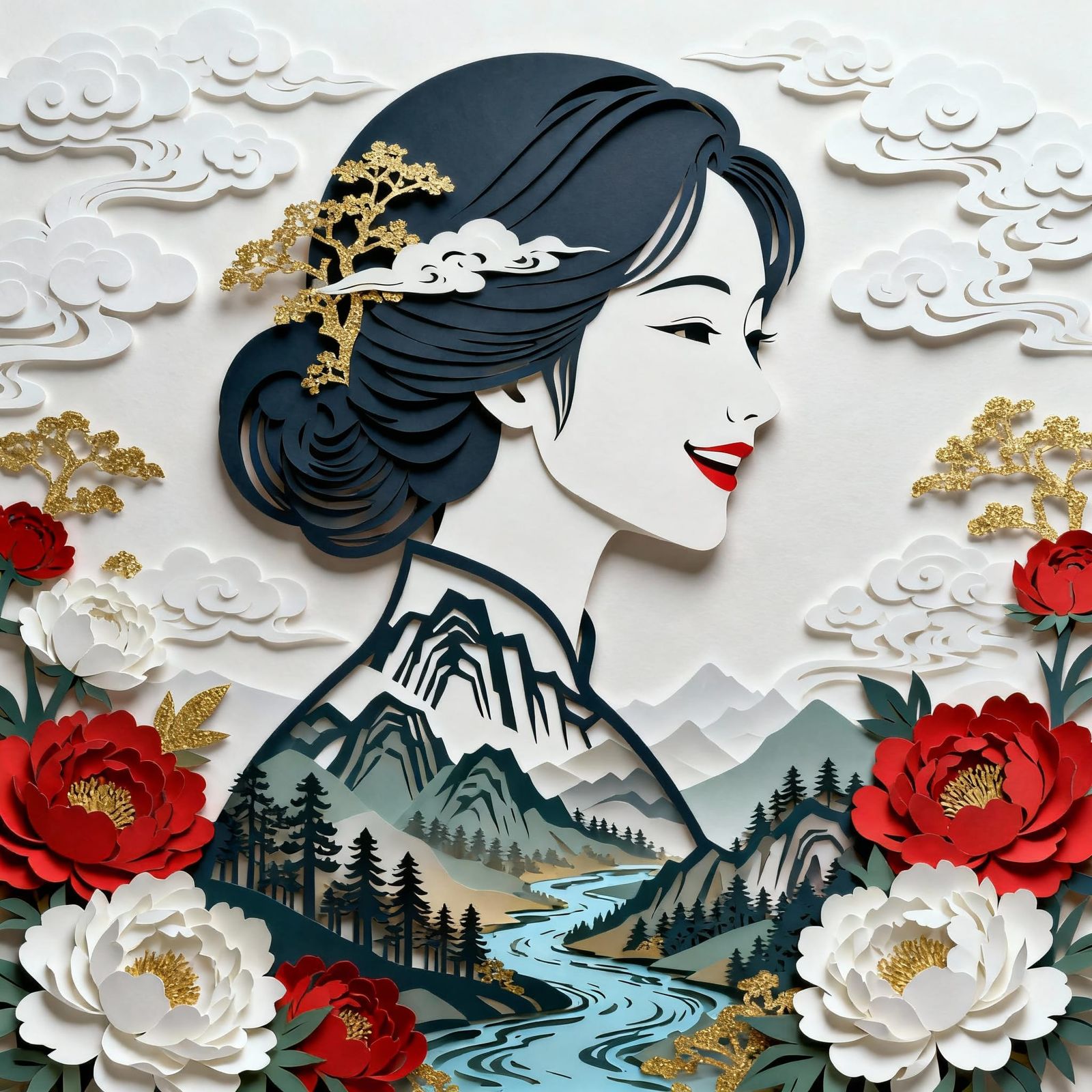 Paper-Cut Silhouette of Woman with Nature Scene