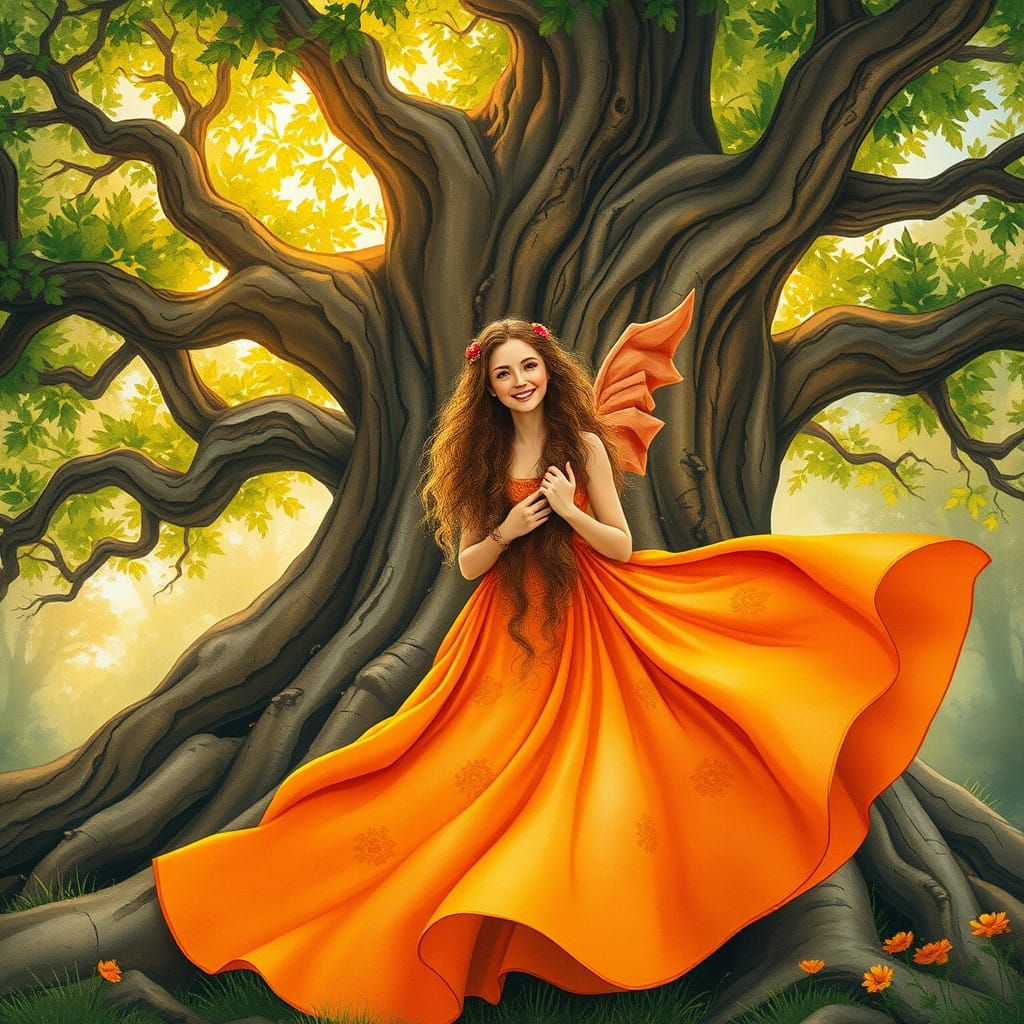 Whimsical Sunset Goddess Among Oak Branches