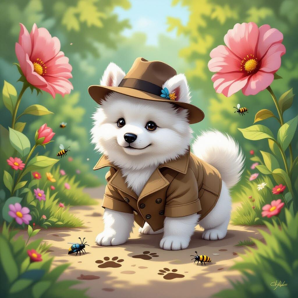 Samoyed Puppy Detective in Whimsical Garden, Painterly Style