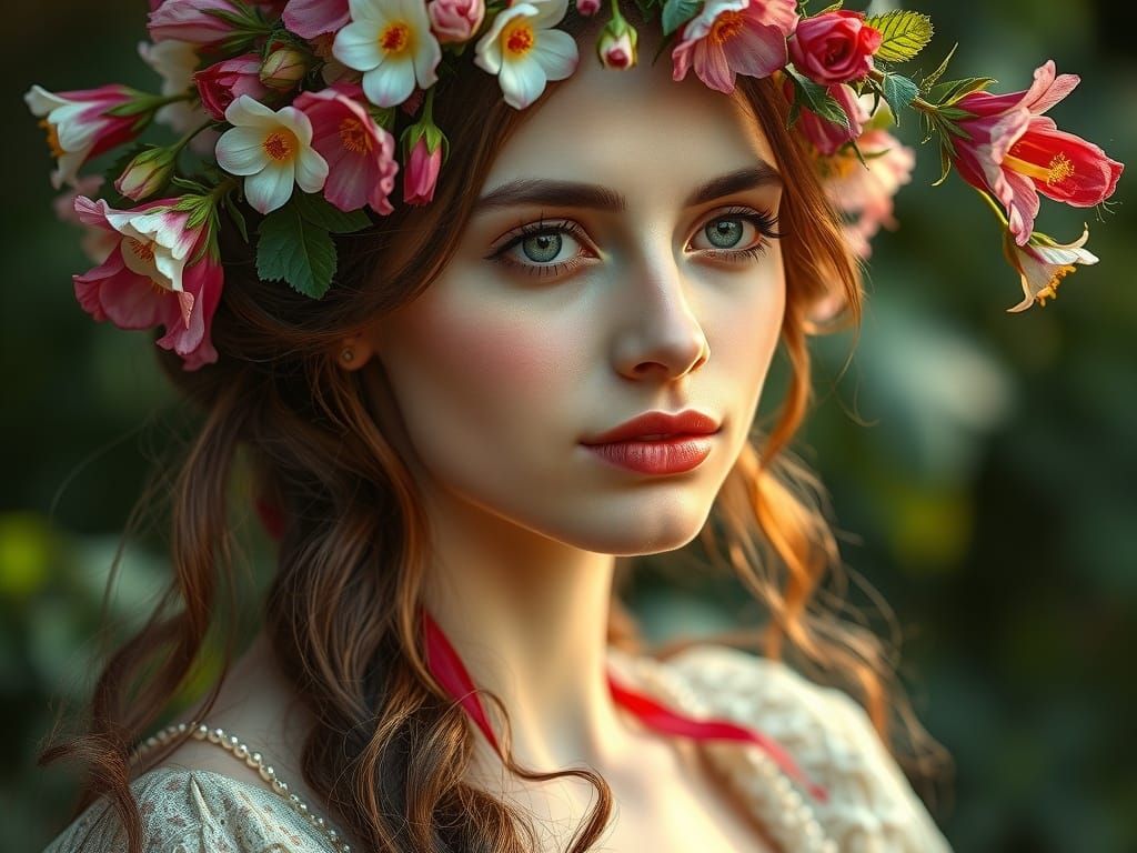 Woman Adorned in Flowers, Ethereal Pre-Raphaelite Style