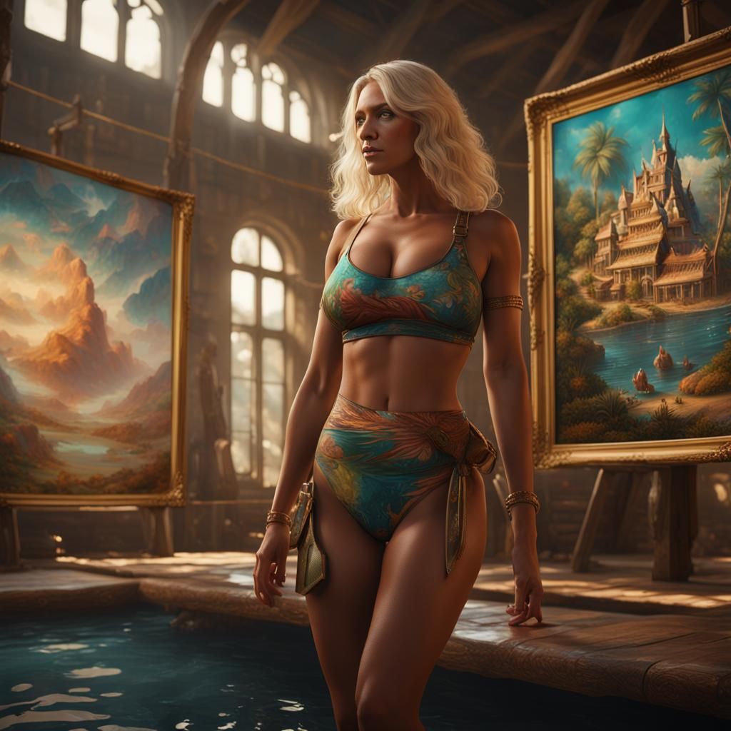 Blonde Woman in Bikini Observes Detailed Fantasy Art