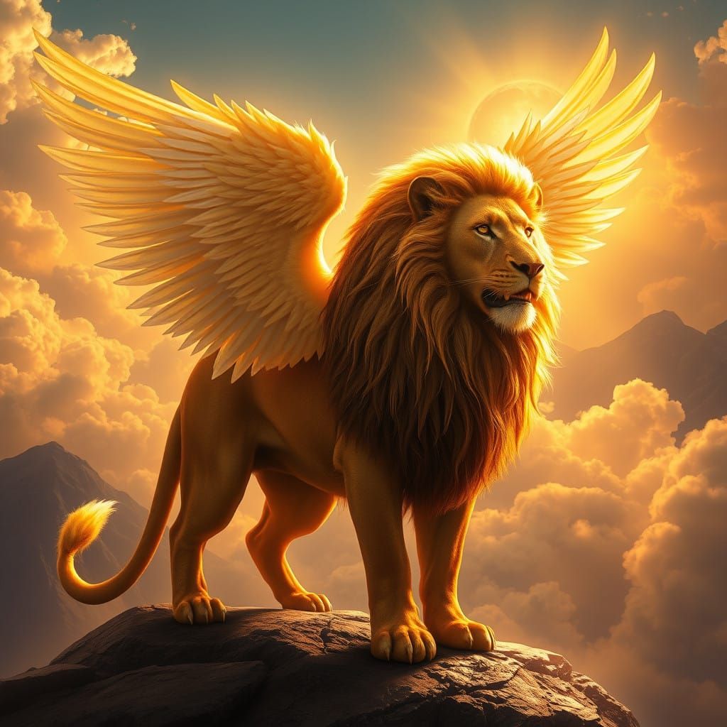 Ethereal Lion-Angel in Golden Realms