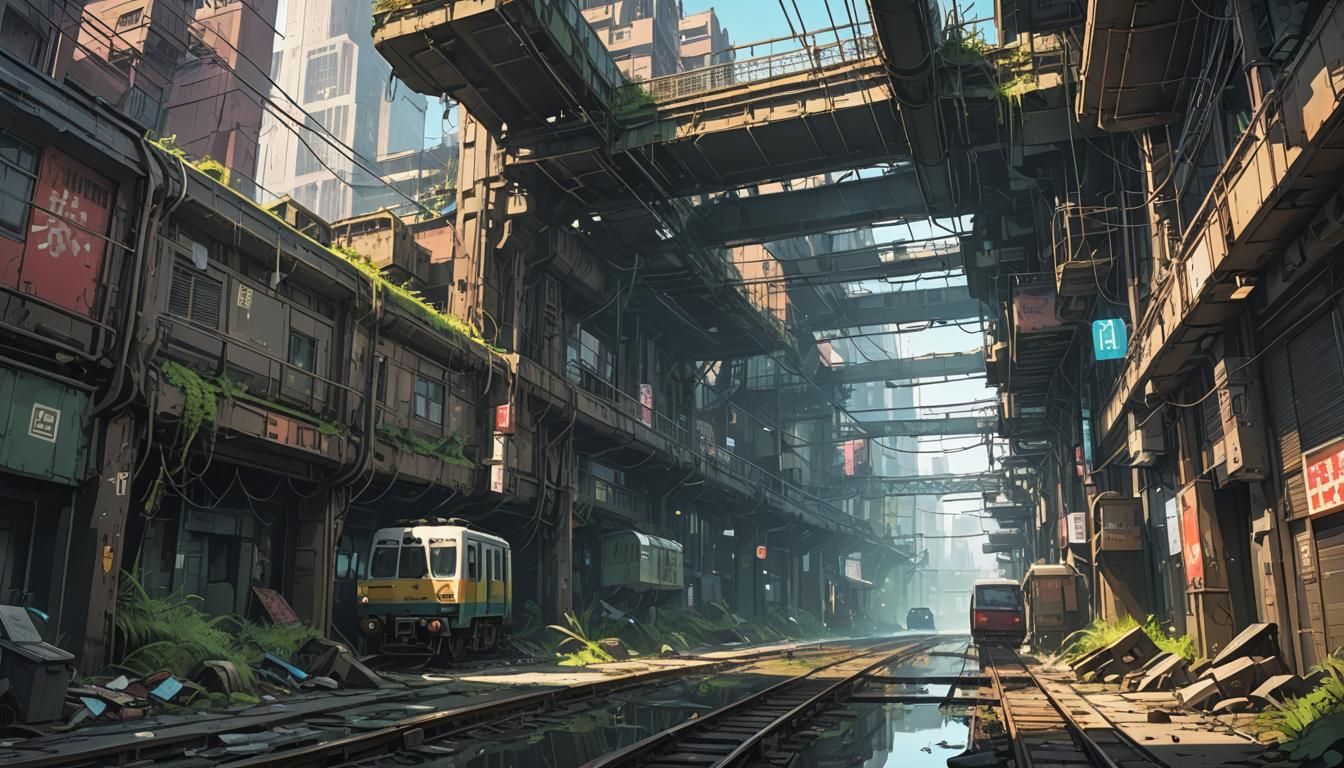 Cyberpunk City Alley with Suspended Train Line