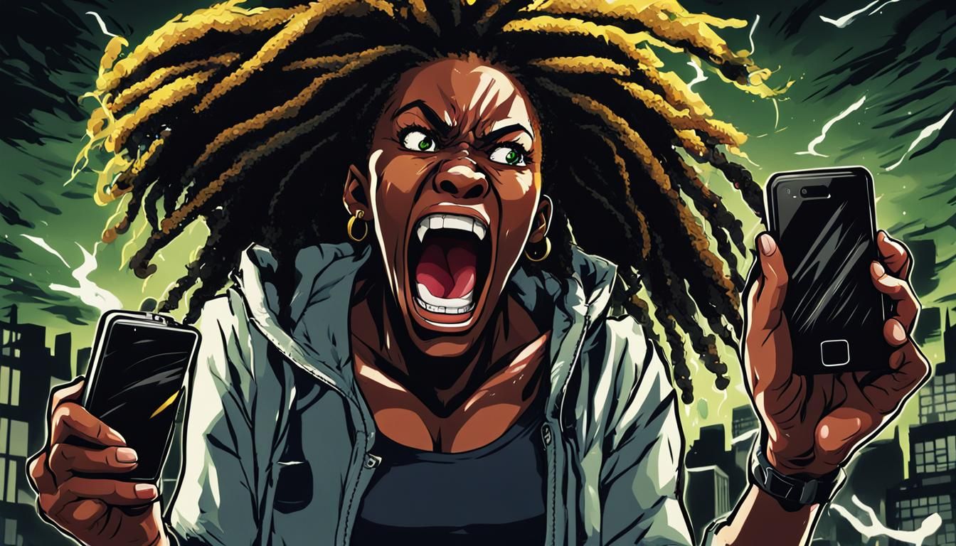 Angry Woman Screaming on Cell Phone in Anime Style