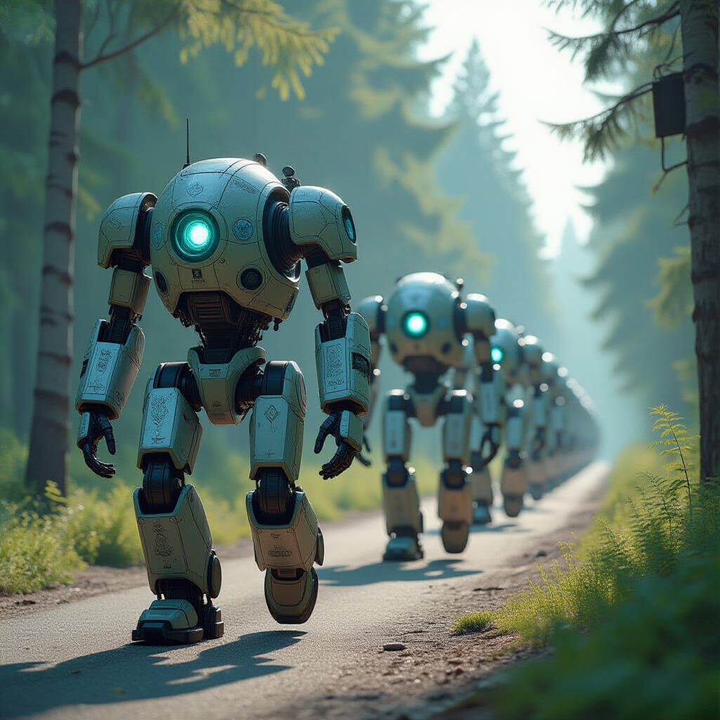 Nordic Robot Mechs in Dystopian Cityscape