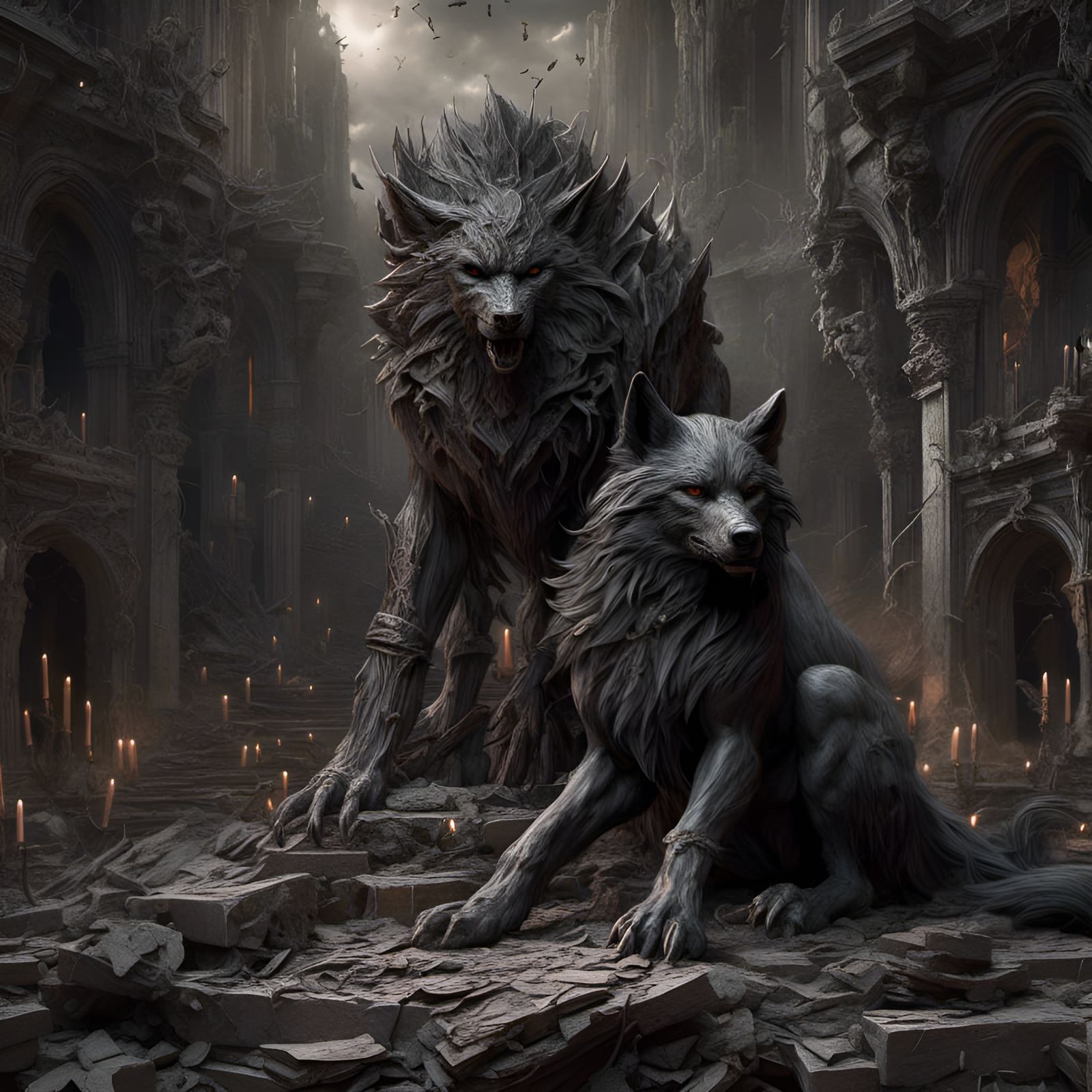 Chained Demon Wolf in Ruins: Hyperrealistic Digital Art