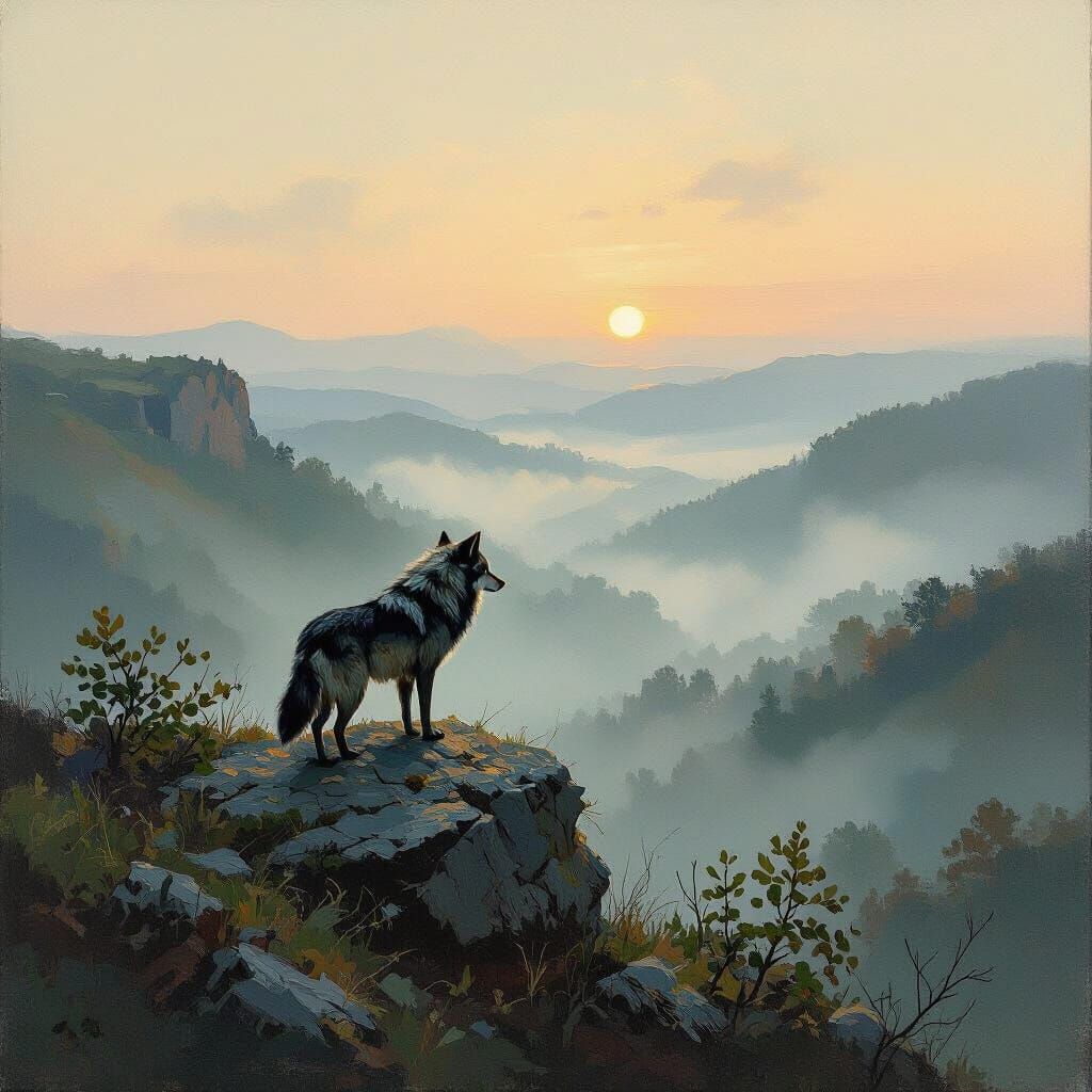 Lone Wolf Over Misty Valley: Impressionist Oil