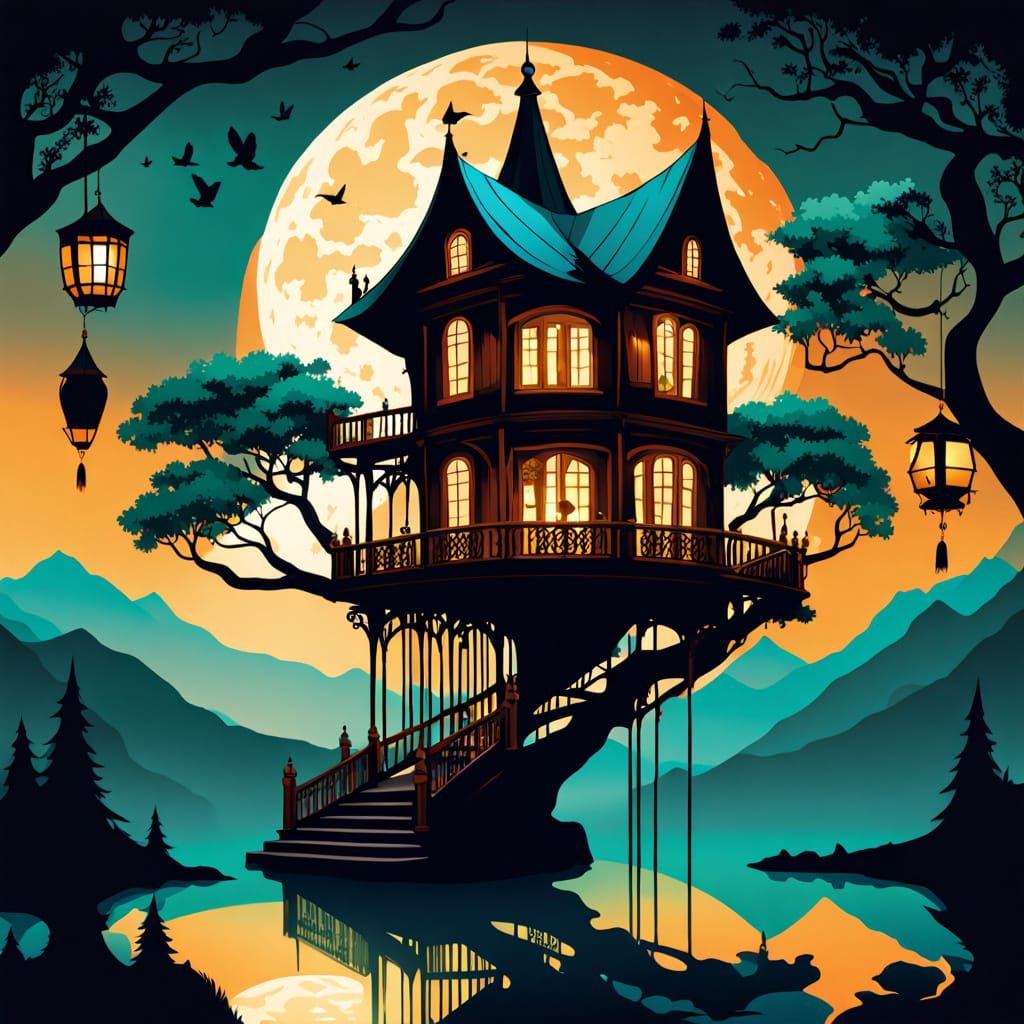 Enchanted White House Treehouse Under Fiery Moon