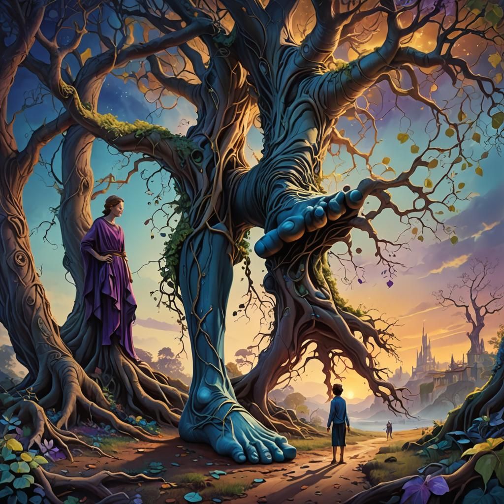 Giant Foot Transforms to Tree in Dreamlike Painting