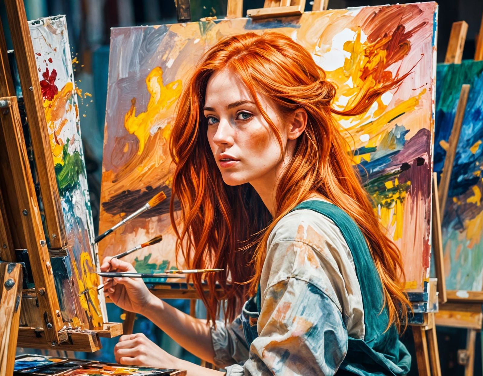 Girl with Fiery Hair at Easel, Surrounded by Art