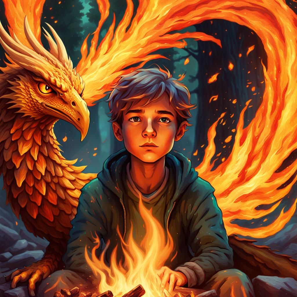 Boy Imagines Phoenix Rising From Campfire