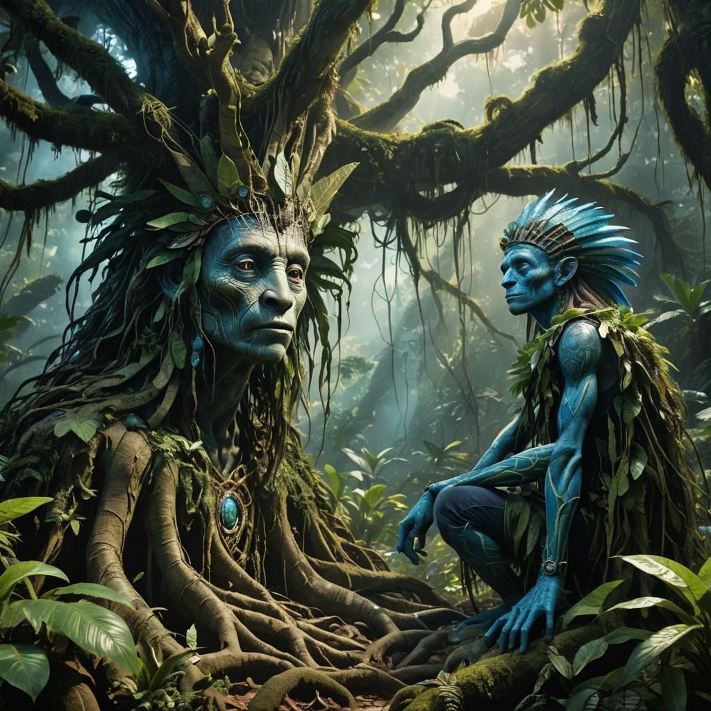 Indigenous Man Conversing with Alien in Amazon Rainforest