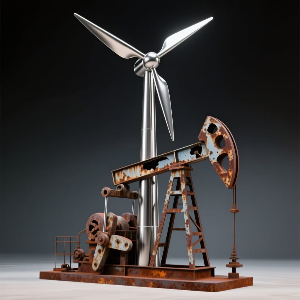 Modern Wind Turbine Meets Rusty Oil Pumpjack Sculpture