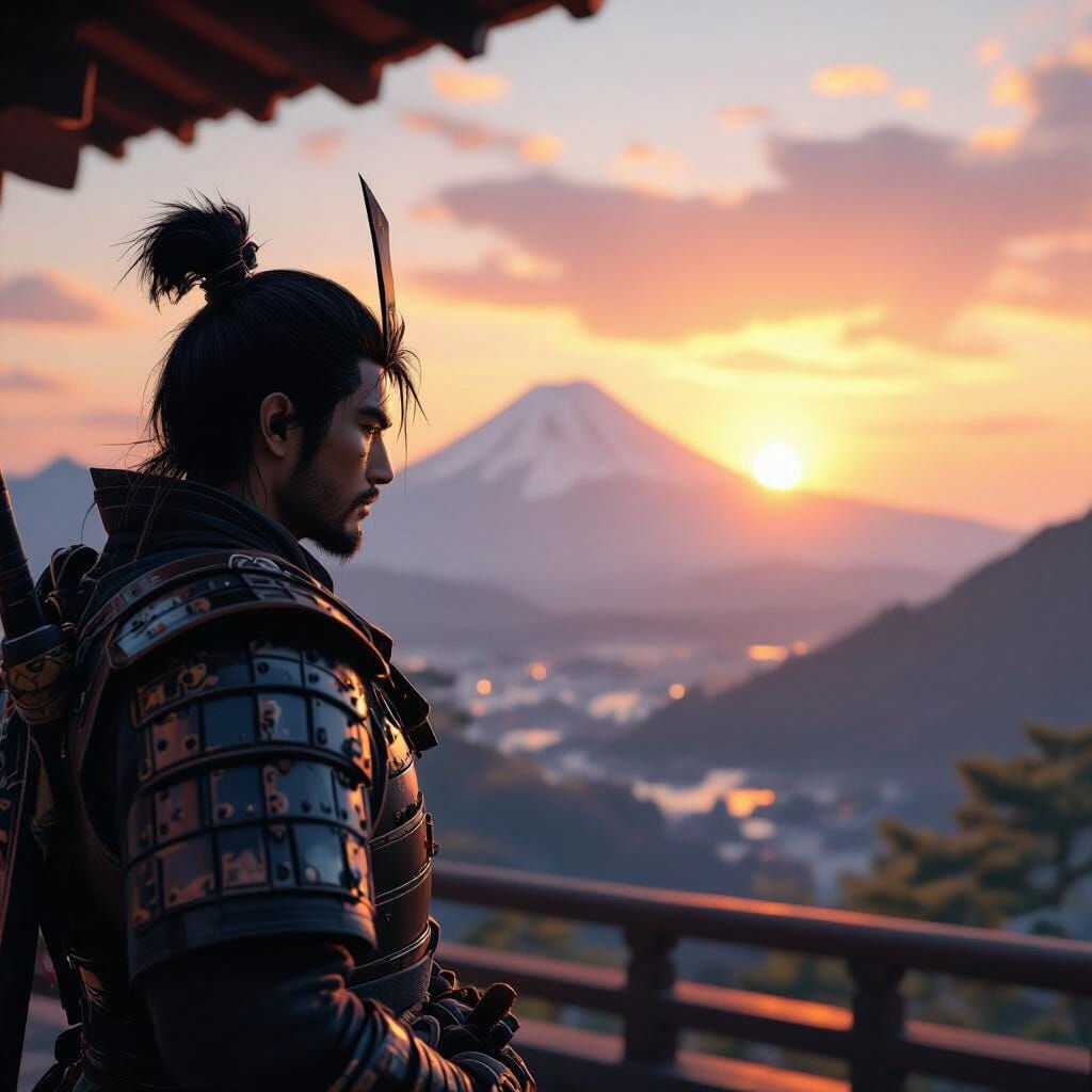 Serene Samurai Warrior at Sunset: 3D Game Cinematic
