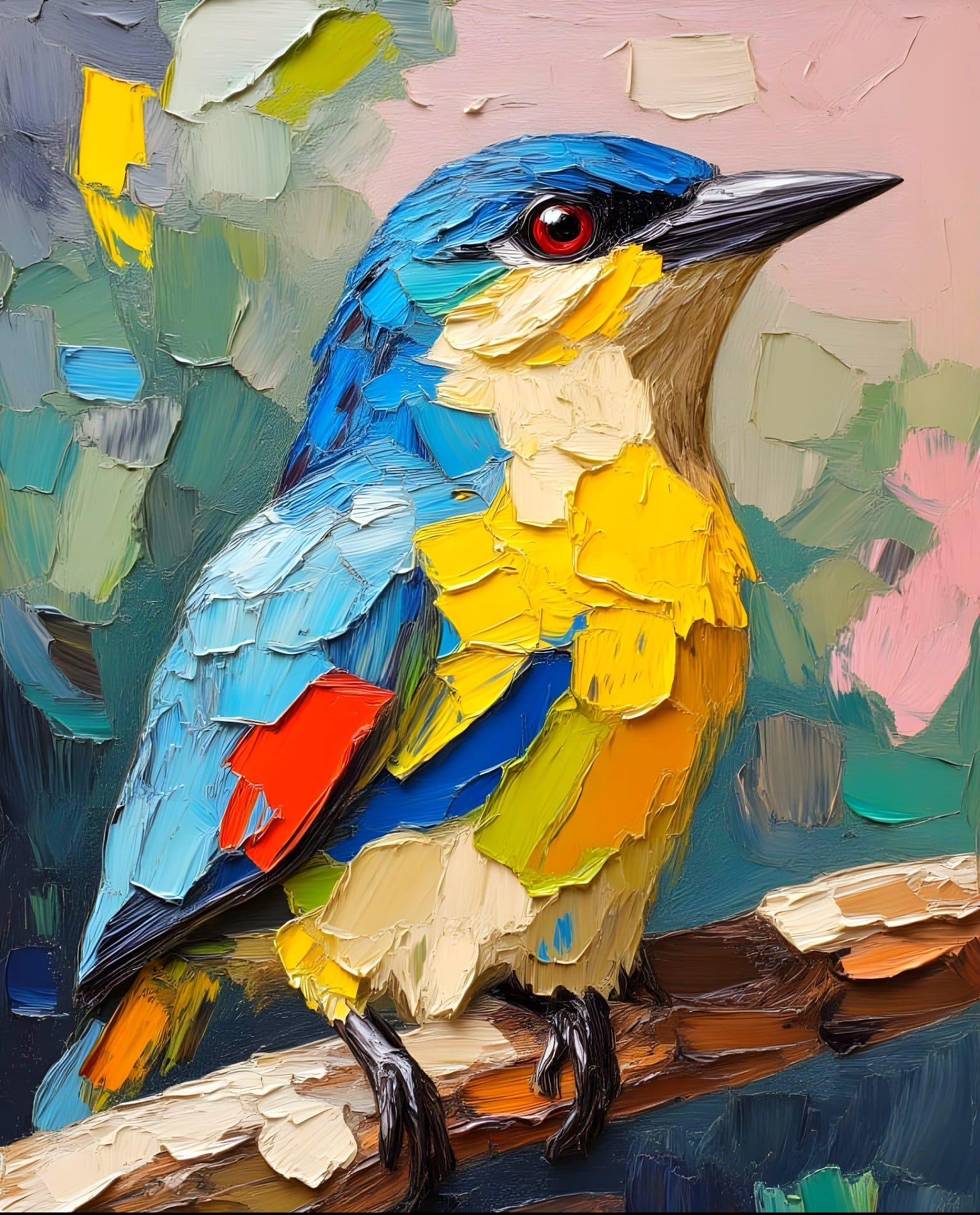 Abstracted Bird with Bold Color Strokes as Impasto Painting