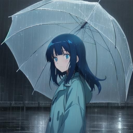 Sad Anime Girl in Rain, Watercolor Style