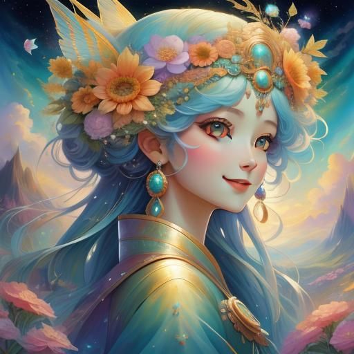 Summer Goddess with Abstract Clouds, Digital Art