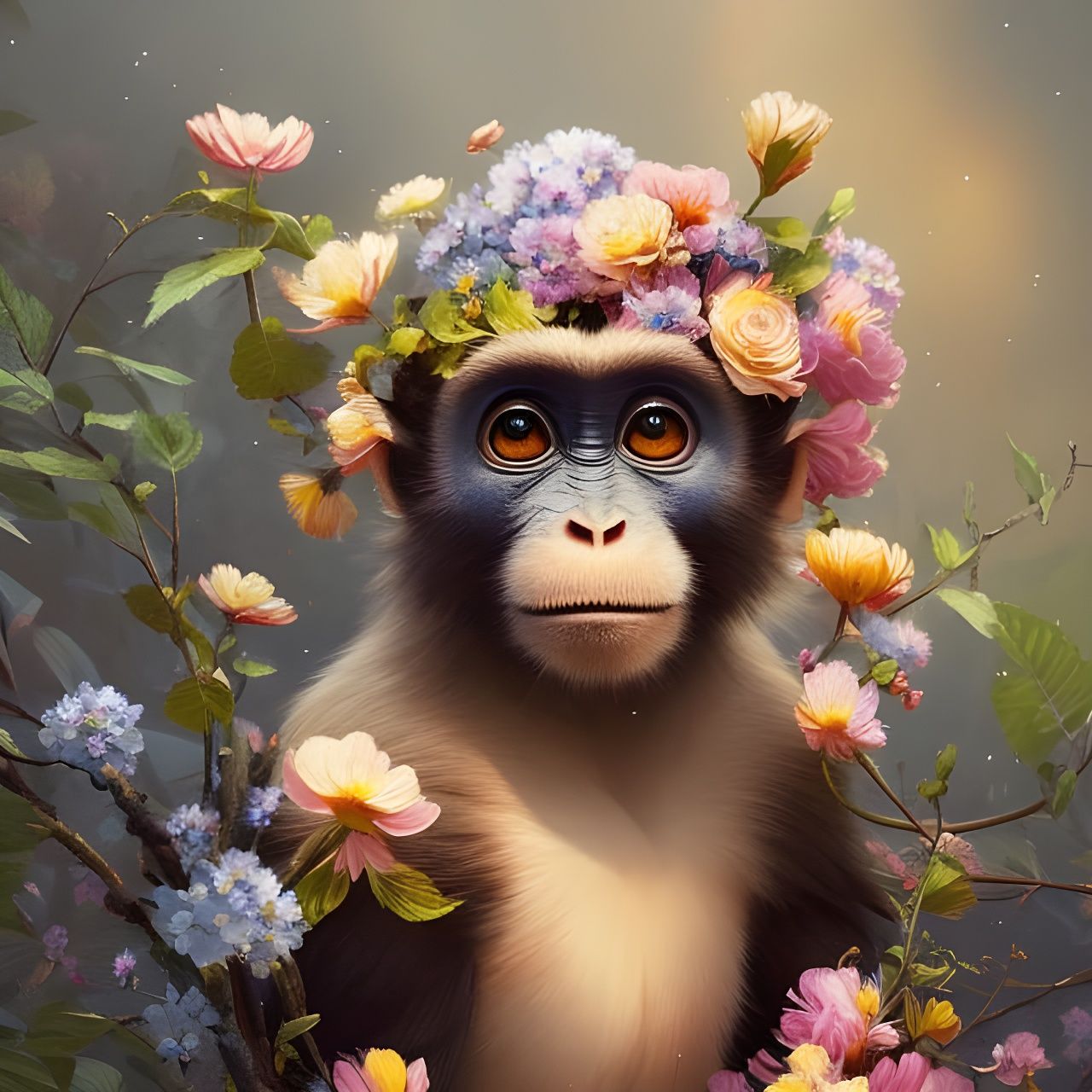 Cute monkey with flowers