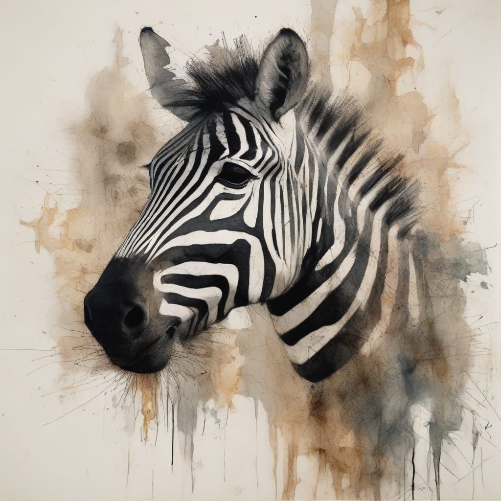 Surrealist Zebra Artwork with Ink Splatters and Distressed T...