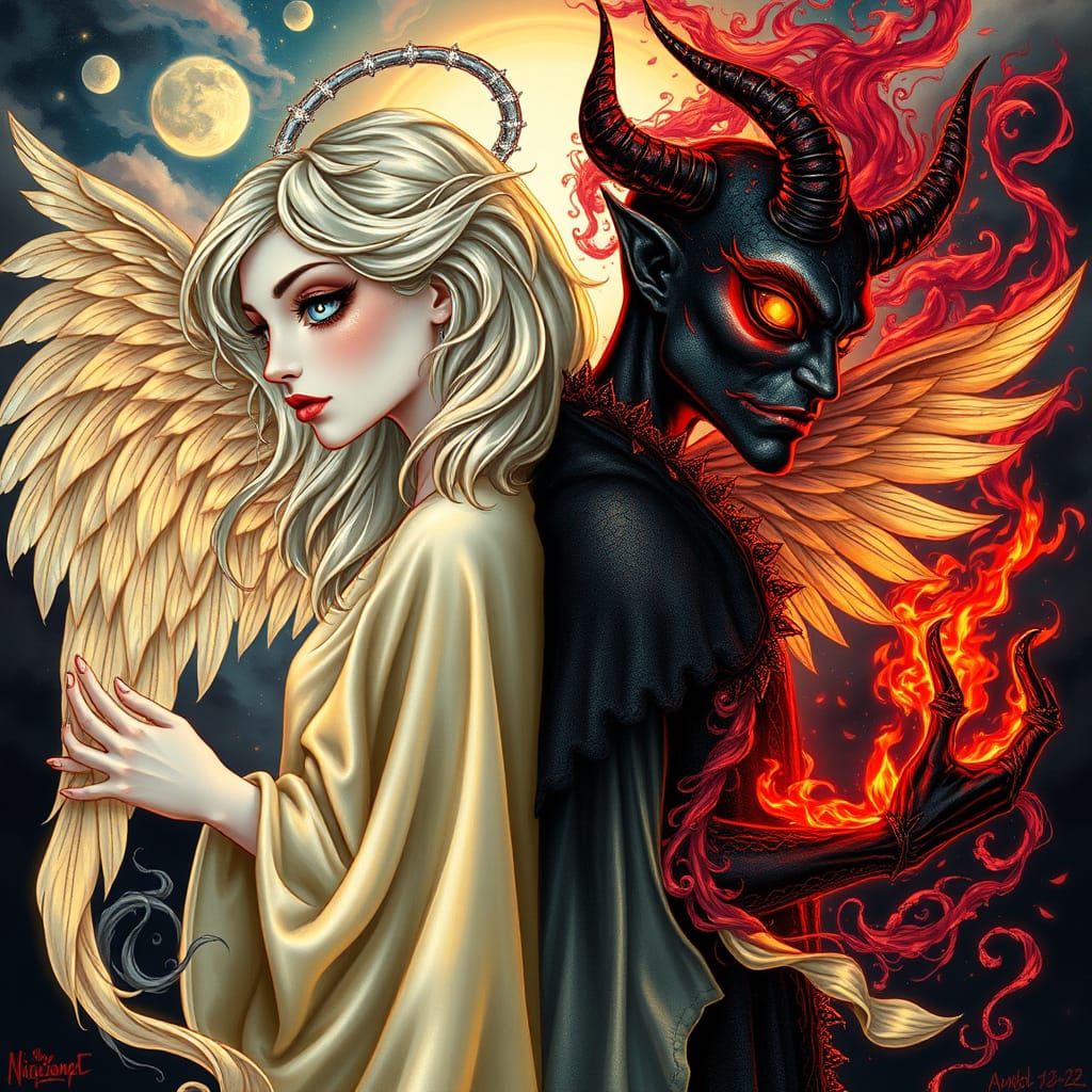 Celestial Angel and Wicked Demon in Surreal Double Portrait