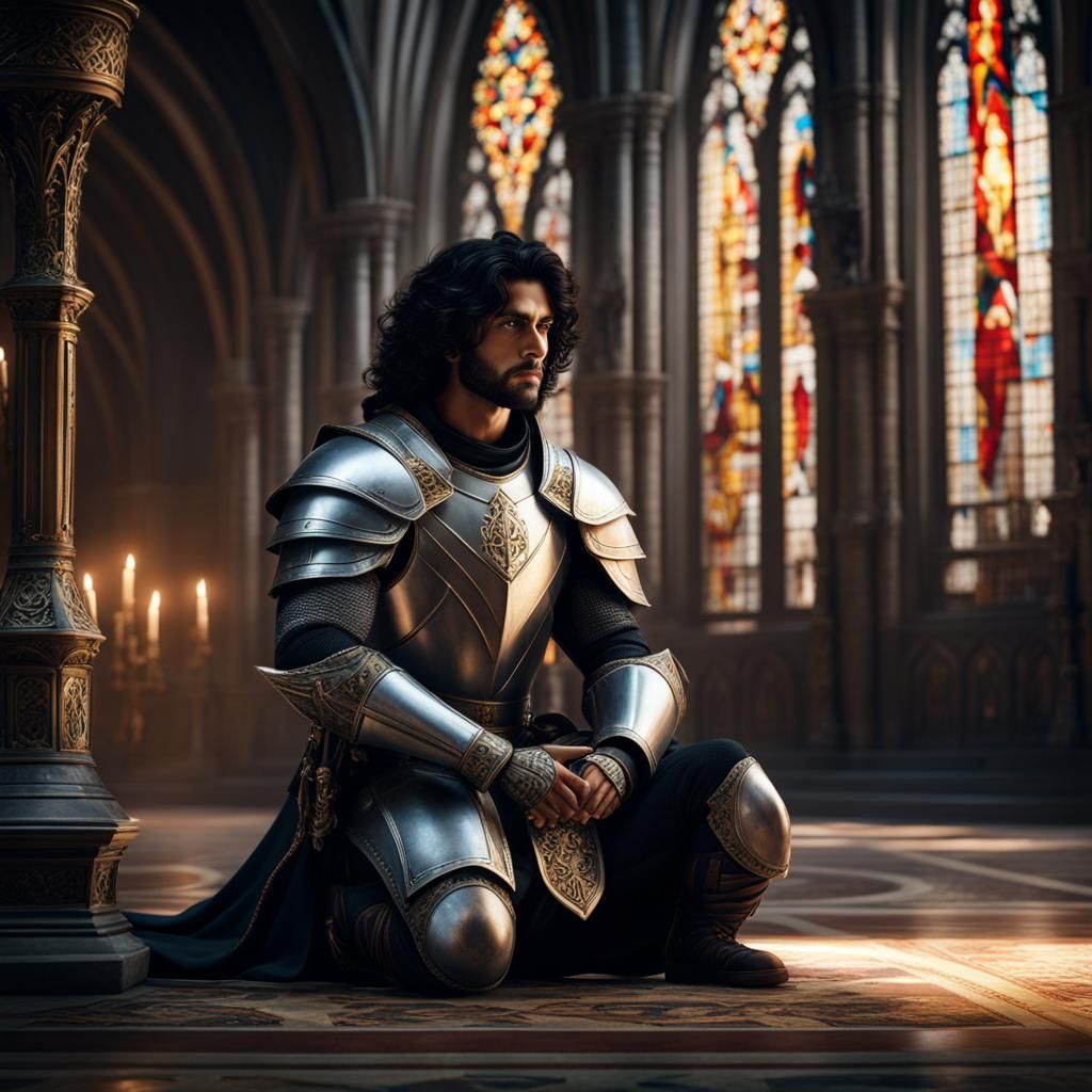 Indian Knight Praying in Gothic Cathedral