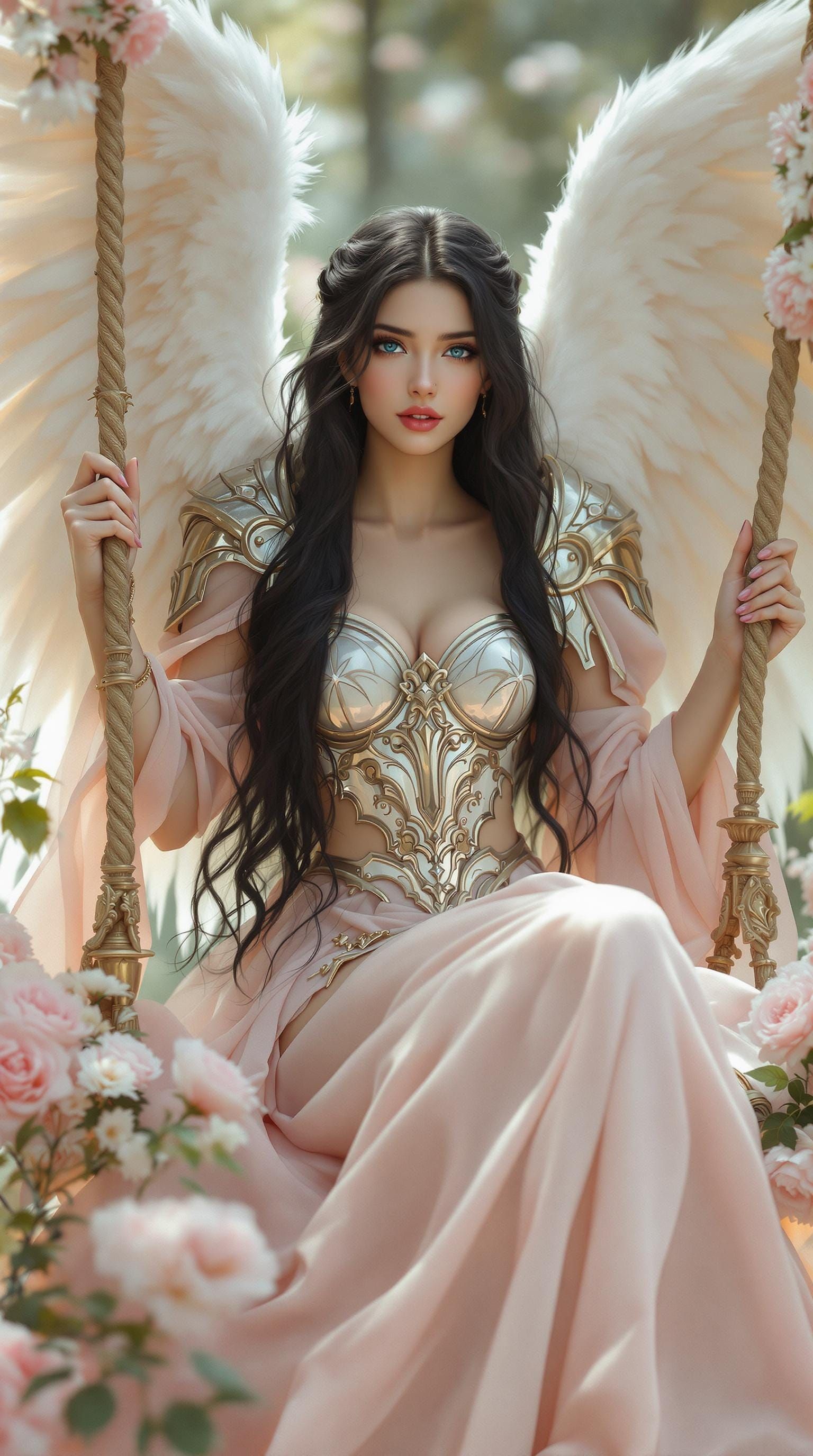 Beautiful Angel on Golden Swing in Dreamy Fairytale Style