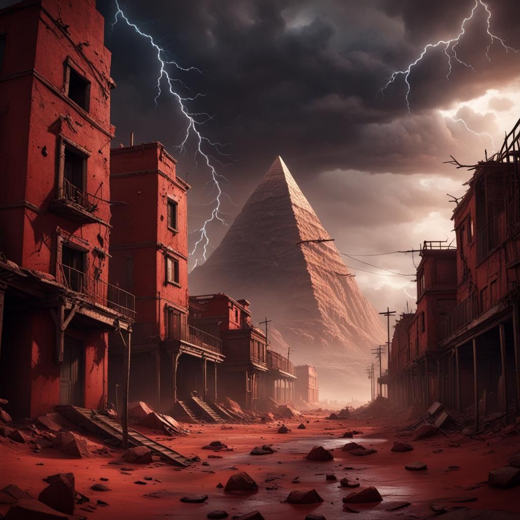 Eerie Desert Town with Pyramid, Matte Painting